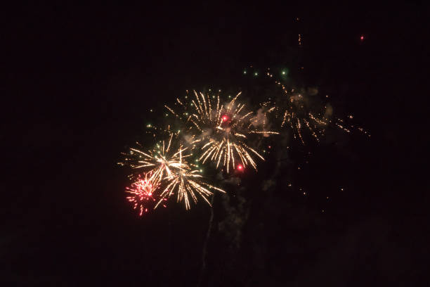 istock Small, single, fireworks in a black, night sky 1210470718