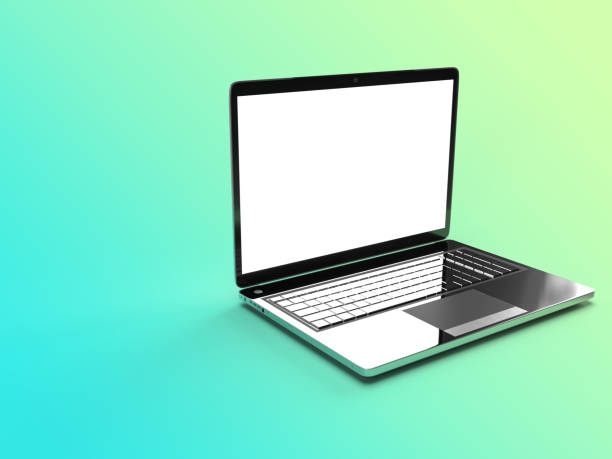 istock a shining glossy full metal glass body laptop with mockup black screen in colorful gradient background with space for text. 3d digital illustration. 1210472815