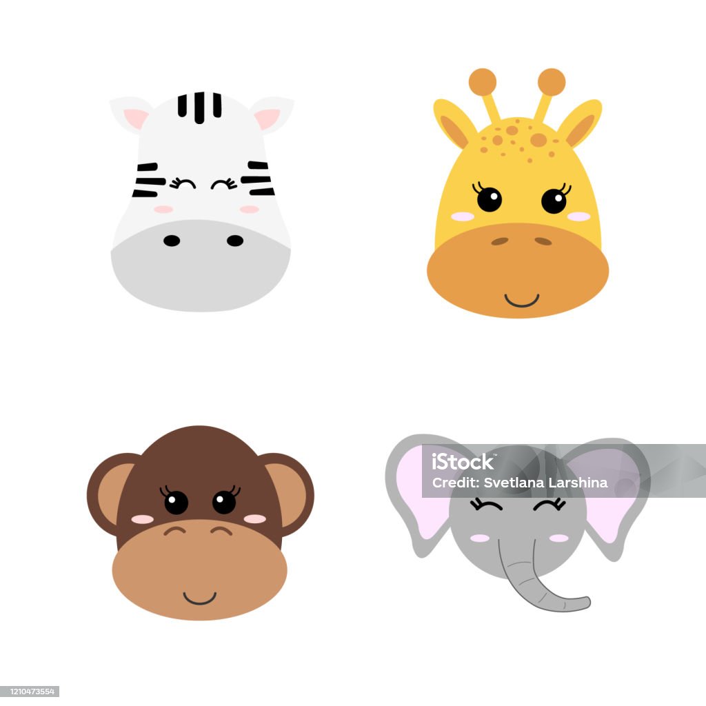 Set Of Cute Hand Drawn Smiling Animals Giraffe Elephant Zebra And Monkey  Cartoon Zoo Vector Illustration Animals For The Design Of Childrens  Products In Scandinavian Style Stock Illustration - Download Image Now -