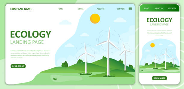 illustrazioni stock, clip art, cartoni animati e icone di tendenza di energia eolica. modello di pagina di destinazione dell'ecologia piatta. - energia eolica