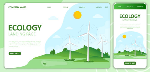 ilustrações, clipart, desenhos animados e ícones de energia eólica. modelo de página de landing da ecologia plana. - wind turbine