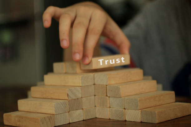 Building trust business concept on pyramid shaped from wooden blocks as illustration.