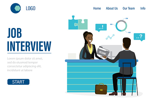 Job Interview Landing Page template. Cartoon african american female HR specialist on workplace and man candidate holding cv resume. Recruitment agency. Employment process. Flat vector illustration
