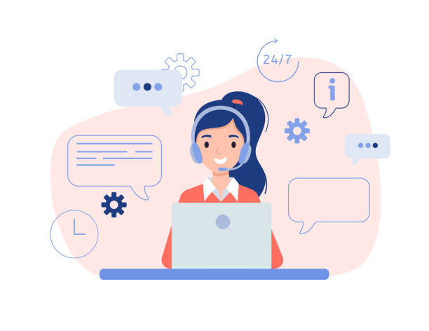 Girl in headphones sitting with a laptop. Girl in headphones sitting in front of a laptop. The concept of online help, training and consulting clients. Vector illustration in flat design style. telecommunications equipment illustrations stock illustrations