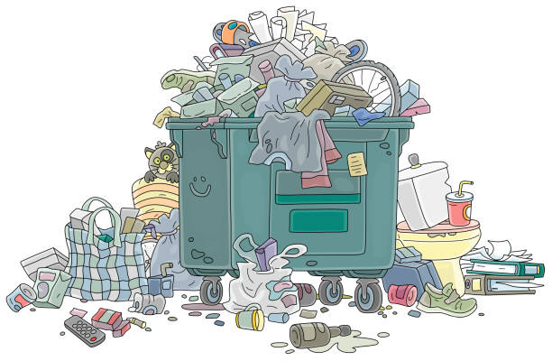 Street litter bin with garbage and waste Overflowing trash can with household rubbish and leftovers, vector cartoon illustration on a white background overflowing dumpster stock illustrations