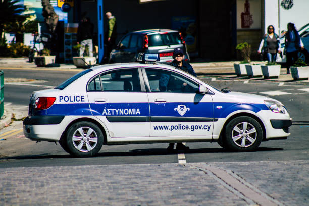 Paphos Cyprus March 01, 2020 View of a police car parked in the streets of Paphos in the afternoon