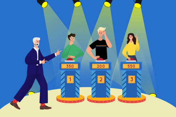 Clever intelligent people playing in TV quiz show.  Cartoon male and female characters  thinking, answering questions. Cartoon flat vector illustration Clever intelligent people playing in TV quiz show.  Cartoon male and female characters  thinking, answering questions. Cartoon flat vector illustration. game show host stock illustrations