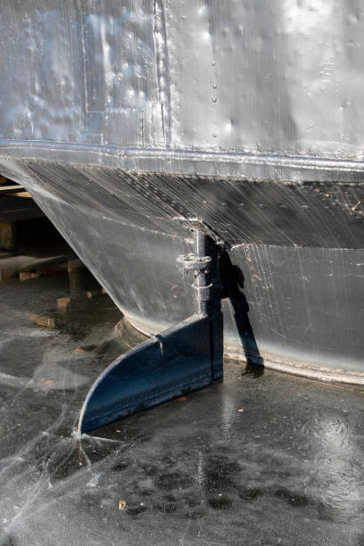 ship rudder in ice at winter