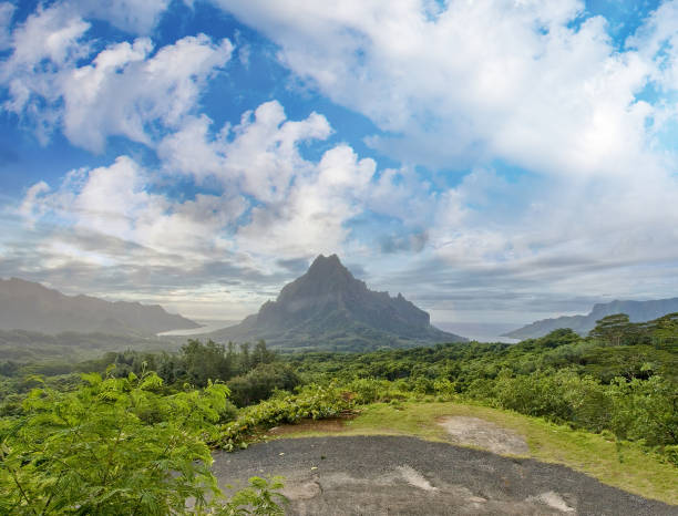 istock Panoramic sunset view of Moorea mountain landscape, French Polynesia 1210491768