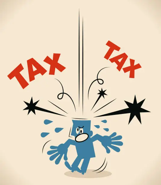 Vector illustration of Heavy tax burden falling down and hitting blue man's head