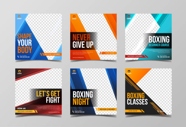 Sport square banner template for social media post, boxing, fitness and gym banner Modern sport banner template gym backgrounds stock illustrations