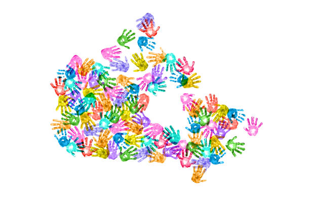 Canada Map of Colorful Children Handprints on White Background.