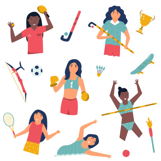 illustrations, cliparts, dessins animés et icônes de ensemble d’athlètes de fille faisant le sport. joueur de tennis, nageur, sauteur en hauteur, boxeur, joueur de hockey. portraits de sportifs, illustration de vecteur - tennis child athlete sport