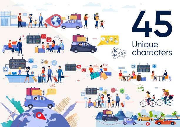 Family in Vacation Journey Flat Vector Scenes Set Traveling People, Family in Vacation Journey Trendy Flat Vector Scenes Set. Parents with Children Going in Car Trip, Riding Bicycles, Tourist Resting in Airport Cafe, Waiting Plane Illustrations family in car stock illustrations