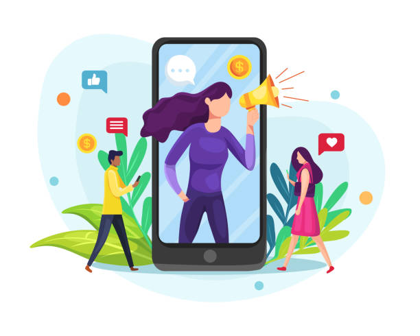 social media or network promotion Vector illustration Influence or blogger. Mobile phone, woman with megaphone on screen and young people surrounding her. Influencer, social media or network promotion. Vector flat illustration influencer stock illustrations