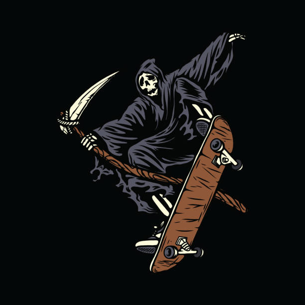 ilustraciones, imágenes clip art, dibujos animados e iconos de stock de grim reaper skateboarding ilustración gráfica vector arte diseño de la camiseta - skull gothic style evil dark