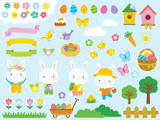 かわいいイースタークリップアートセット - easter animal nest multi colored cheerful点のイラスト素材／クリップアート素材／マンガ素材／アイコン素材