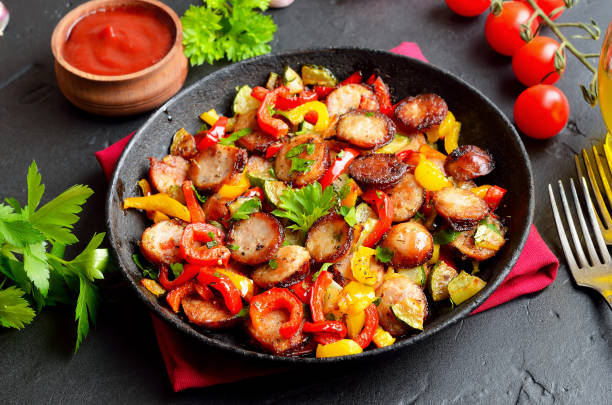 istock Grilled vegetables with sausages and herbs 1210509589