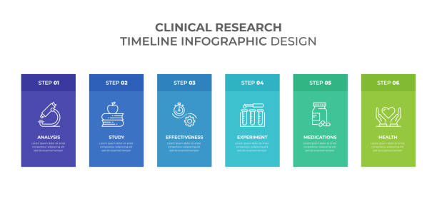 Clinical Research Infographics Clinical Research Infographics. Timeline with 6 steps, labels. Vector infographic element. x ray results stock illustrations