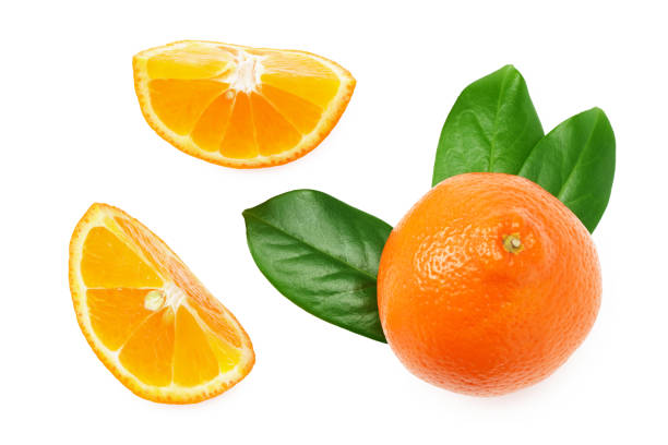 istock sliced orange with green leaf isolated on white background top view 1210510814