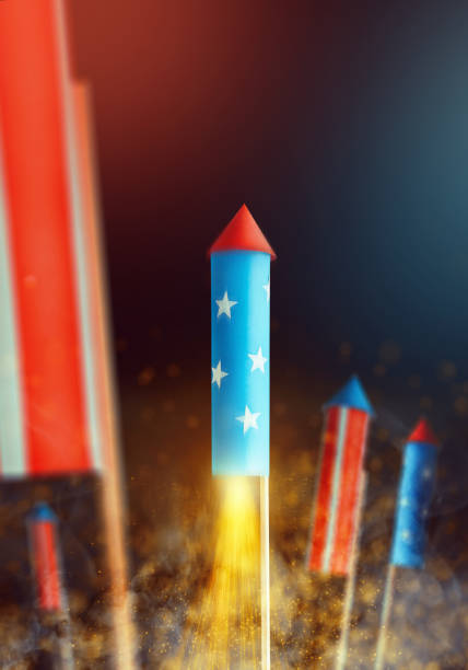 American flag style fireworks rockets launch to celebrate america's 4th of july