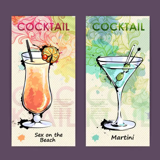 Vector illustration of Artistic decorative cocktail menu. Disco background
