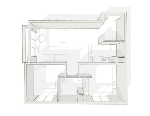 istock Illustration of two bedroom flat with open kitchen design and balcony with one bathroom. 1210515437