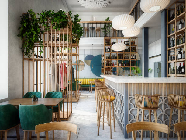 modern indoor café - indoors luxury restaurant store imagens e fotografias de stock