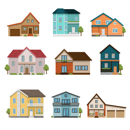 Set of houses front view icons isolated on white background. Colorful modern face side townhouse buildings. Flat cottage residential apartment architecture. Contemporary cityscape exteriors