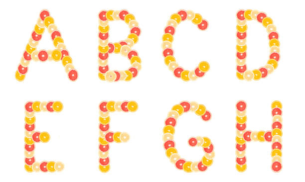 istock Alphabet made from sliced citrus fruits. Oranges, grapefruits. Isolated on a white background. 1210520208