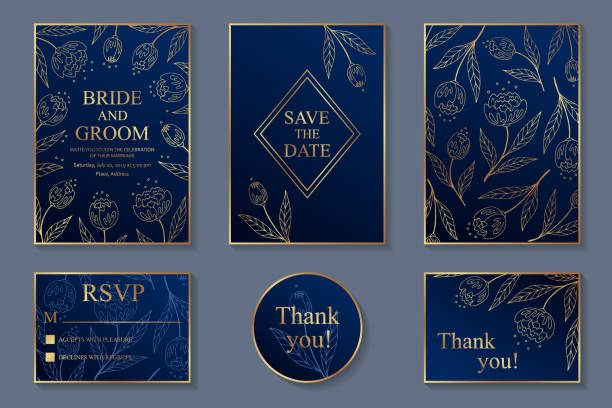 Set of modern floral luxury wedding invitation design or card templates for rsvp. Set of six cards with golden flowers on a navy blue background. thank-you-gold-greeting-card stock illustrations