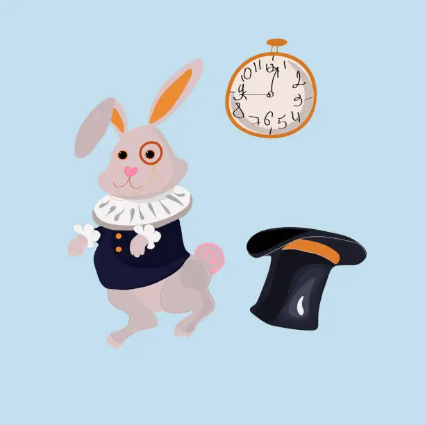Vector illustration of Funny lating rabbit inspired by Alice in Wonderland with clock and stovepipe hat