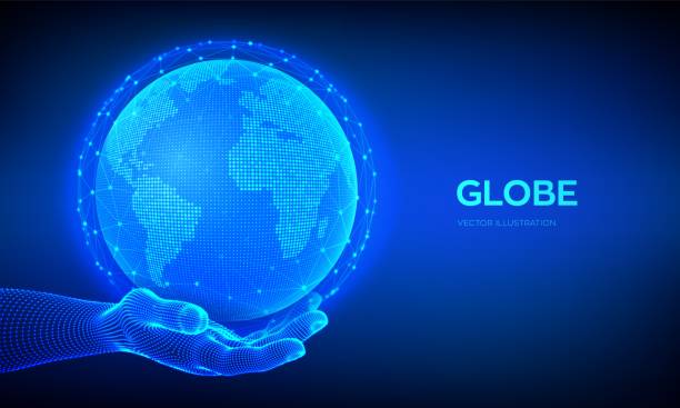 istock Earth globe illustration. World map point and line composition concept of global network connection. Blue futuristic background with planet Earth in wireframe hand. Vector illustration. 1210523715