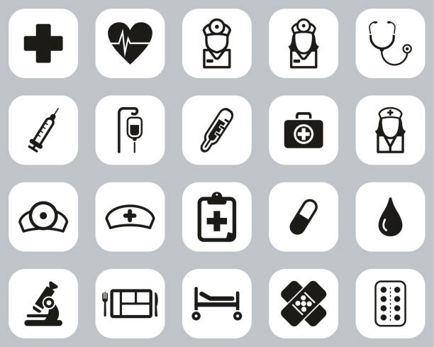 krankenhauspersonal & ausrüstung icons black & white flat design set big - notaufnahme arzt europäisch stock-grafiken, -clipart, -cartoons und -symbole