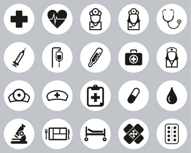 krankenhauspersonal & ausrüstung icons black & white flat design circle set big - notaufnahme arzt europäisch stock-grafiken, -clipart, -cartoons und -symbole