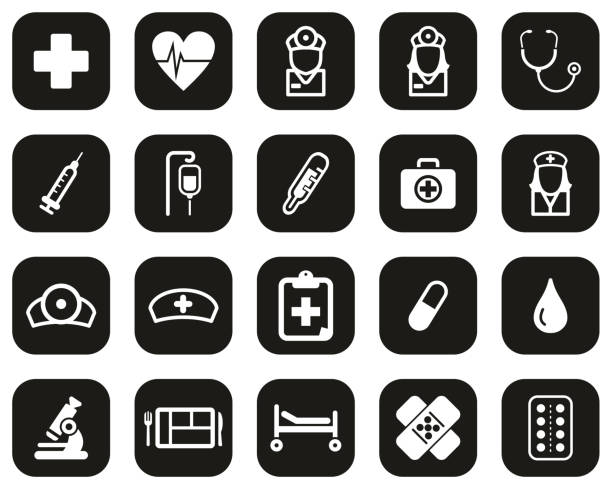 krankenhauspersonal & ausrüstung icons weiß auf schwarz flaches design set big - notaufnahme arzt europäisch stock-grafiken, -clipart, -cartoons und -symbole