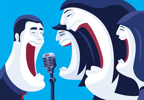 vector illustration of three women singing with man