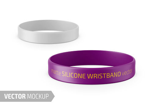 White glossy silicone wristband. Photo-realistic packaging mockup template with sample design. Vector 3d illustration.