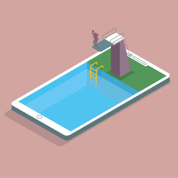 Vector illustration of The diving training venue is on the phone,also a swimming pool,a man is ready to jump off the platform.
