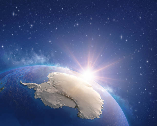 sun shining over antarctica from space - three dimensional shape continents bright blue imagens e fotografias de stock