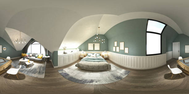 istock 3D RENDER OF MODERN HOTEL ROOM, 360 DEGREES VIEW 1210535196