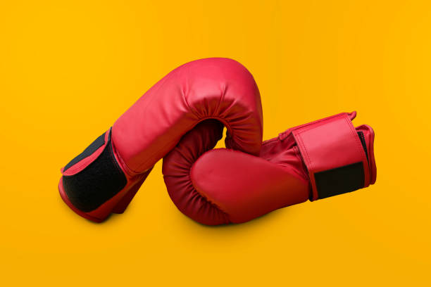 istock Pair of red leather boxing gloves isolated on red background with copy space 1210535254