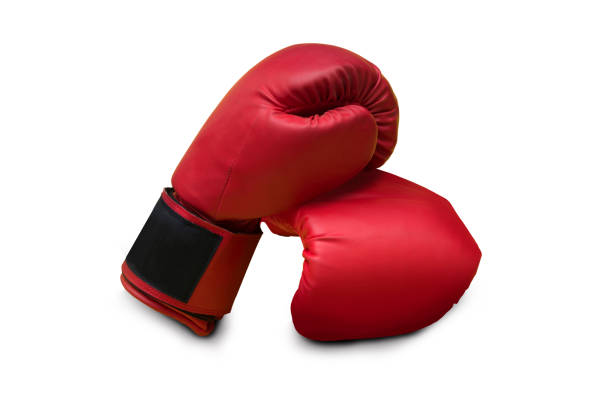 istock Pair of red leather boxing gloves isolated on white background with copy space 1210535258