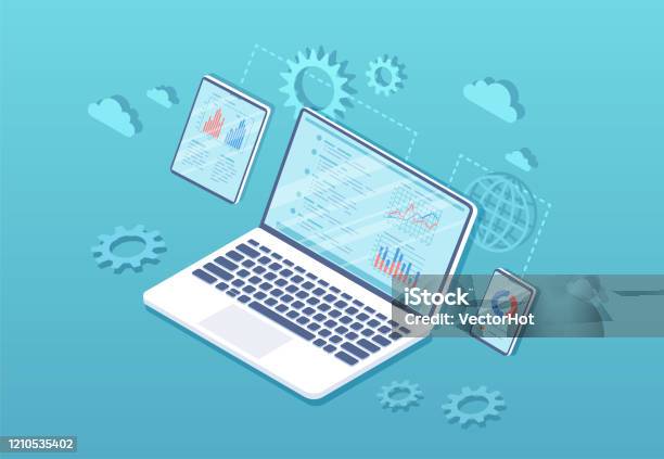 Data Analysis Analytics Statistics Audit Research Report Web And Mobile Service Financial Reports Charts Graphs On Screens Of Laptop Phone Tablet Business Isometric Illustration Stock Illustration - Download Image Now