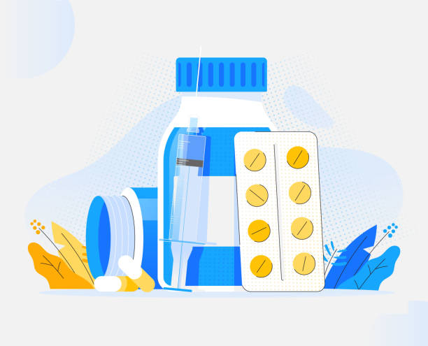 ilustrações de stock, clip art, desenhos animados e ícones de medicine, pharmacy and healthcare concept. bottle of drugs or pills, medicine and syringe. antibiotics or antivirus. virus and disease treatment concept, flat vector illustration - medicine cabinet medicine healthcare and medicine cabinet