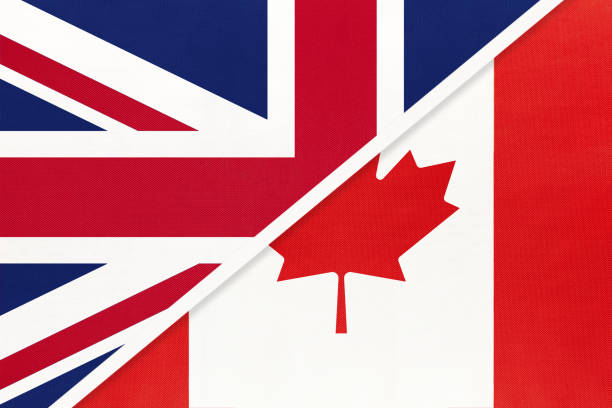 istock United Kingdom vs Canada national flag from textile. Relationship between two european and american countries. 1210536333