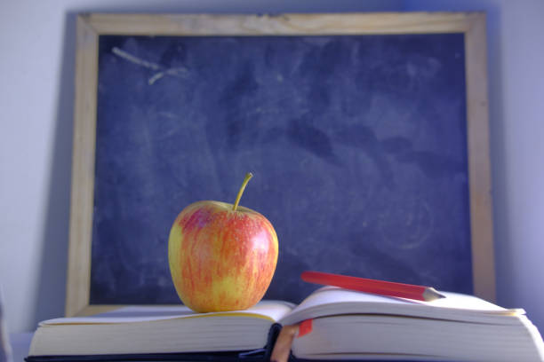 istock Close up of apple on book against blackboard 1210538754