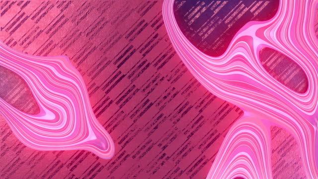 Abstract multi-colored wavy, fractal glowing pattern cuts through the pink concrete surface covered with a motion pattern of old paint. 3d rendering seamless loop animation. 4K, Ultra HD resolution.