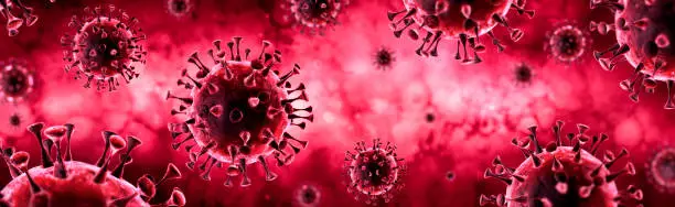 Coronavirus In Red Background - Virology Concept - 3d Rendering