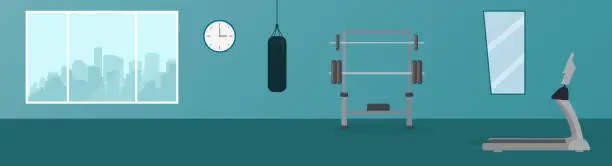 Vector illustration of Gym center, Modern health club with exercising equipment
